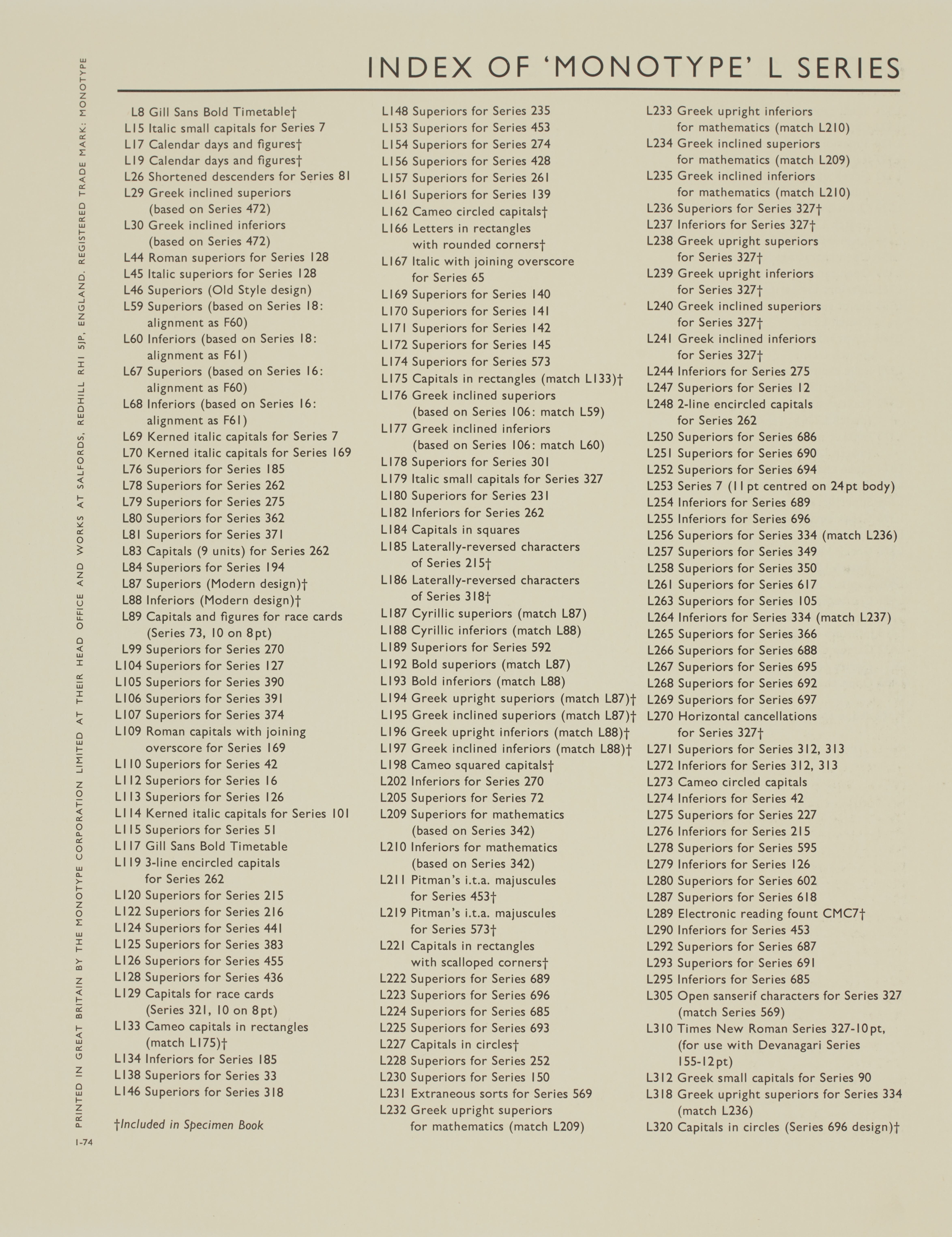 A list of series of founts whose numbers begin with L,
with L231 listed as Extraneous sorts for Series 569.
The series with a dagger annotation are included in this specimen book;
L231 is not one of them.