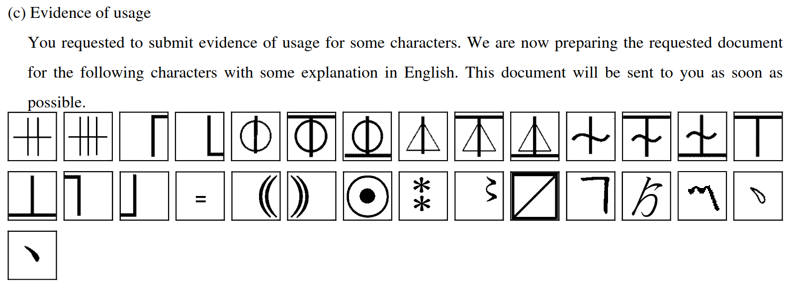 (c) Evidence of usage. You requested to submit evidence of usage for some characters. We are now preparing the requested document for the following characters with some explanation in English. This document will be sent to you as soon as possible.