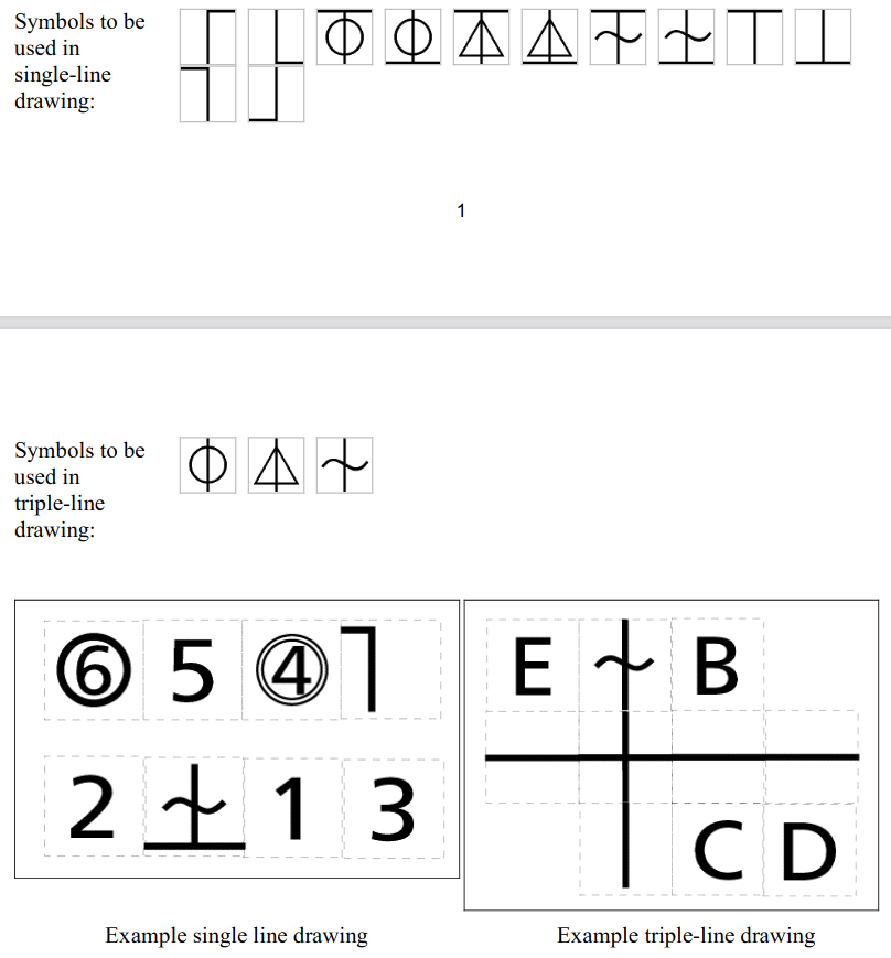 Symbols to be used in single-line drawing: ⎾⎿⏁⏂⏄⏅⏇⏈⏉⏊⏋⏌
Symbols to be used in triple-line drawing: ⏀⏃⏆
Two figures follow: Example single line drawing, and Example triple-line drawing.