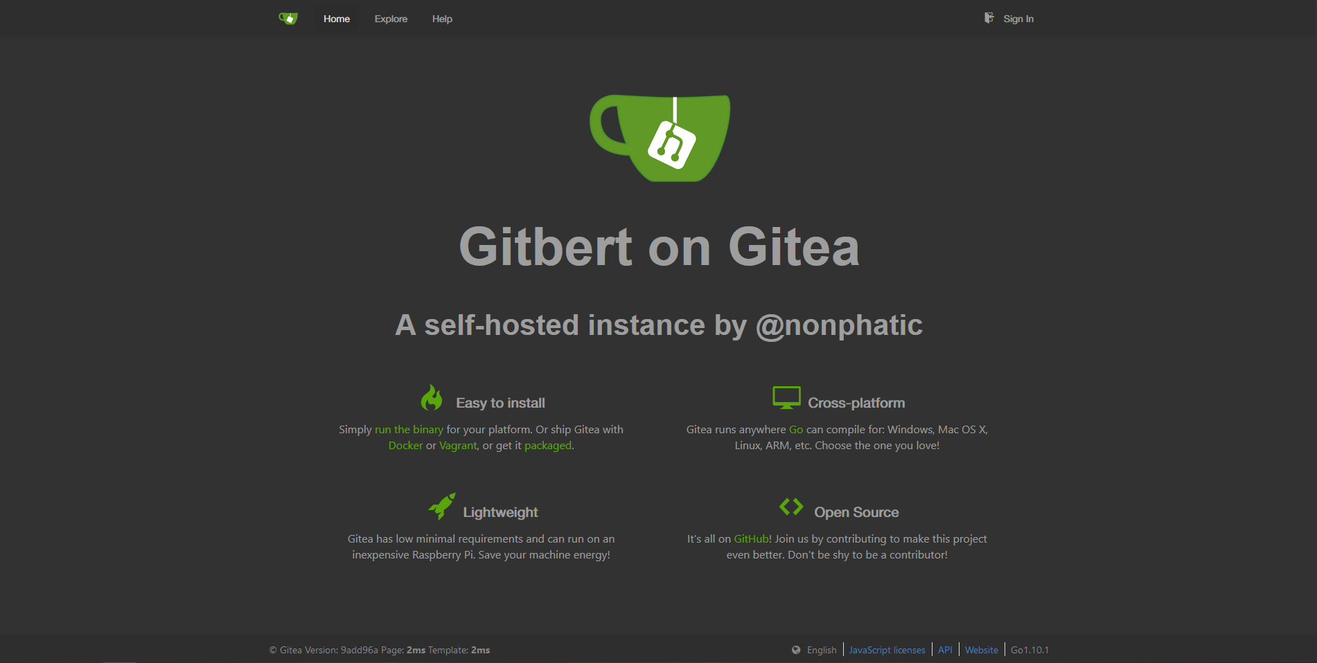 Gitea home page with title: “Gitbert on Gitea”