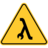 A yellow triangular traffic sign containing a lambda with its left leg end replaced by a wrench head.